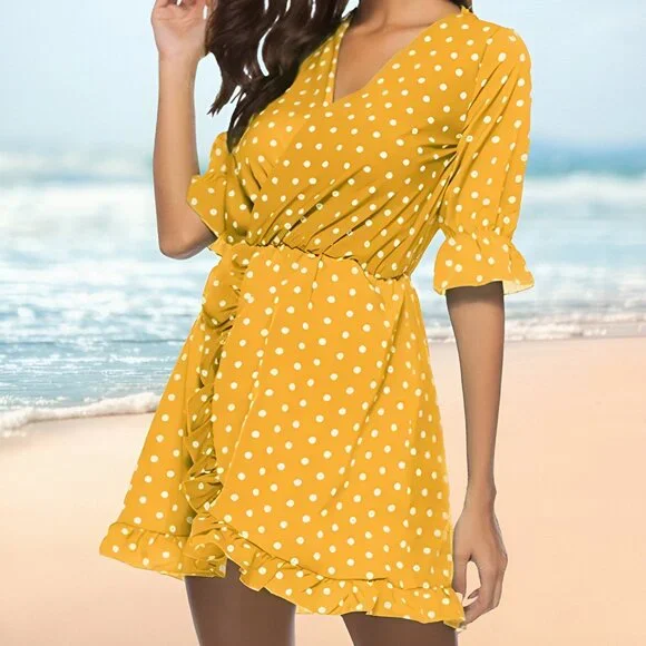 Unbranded | Dresses | Womens Polka Dot Ruffle Vneck Vintage Mini Dress  Spring Summer Beach Dress | Poshmark